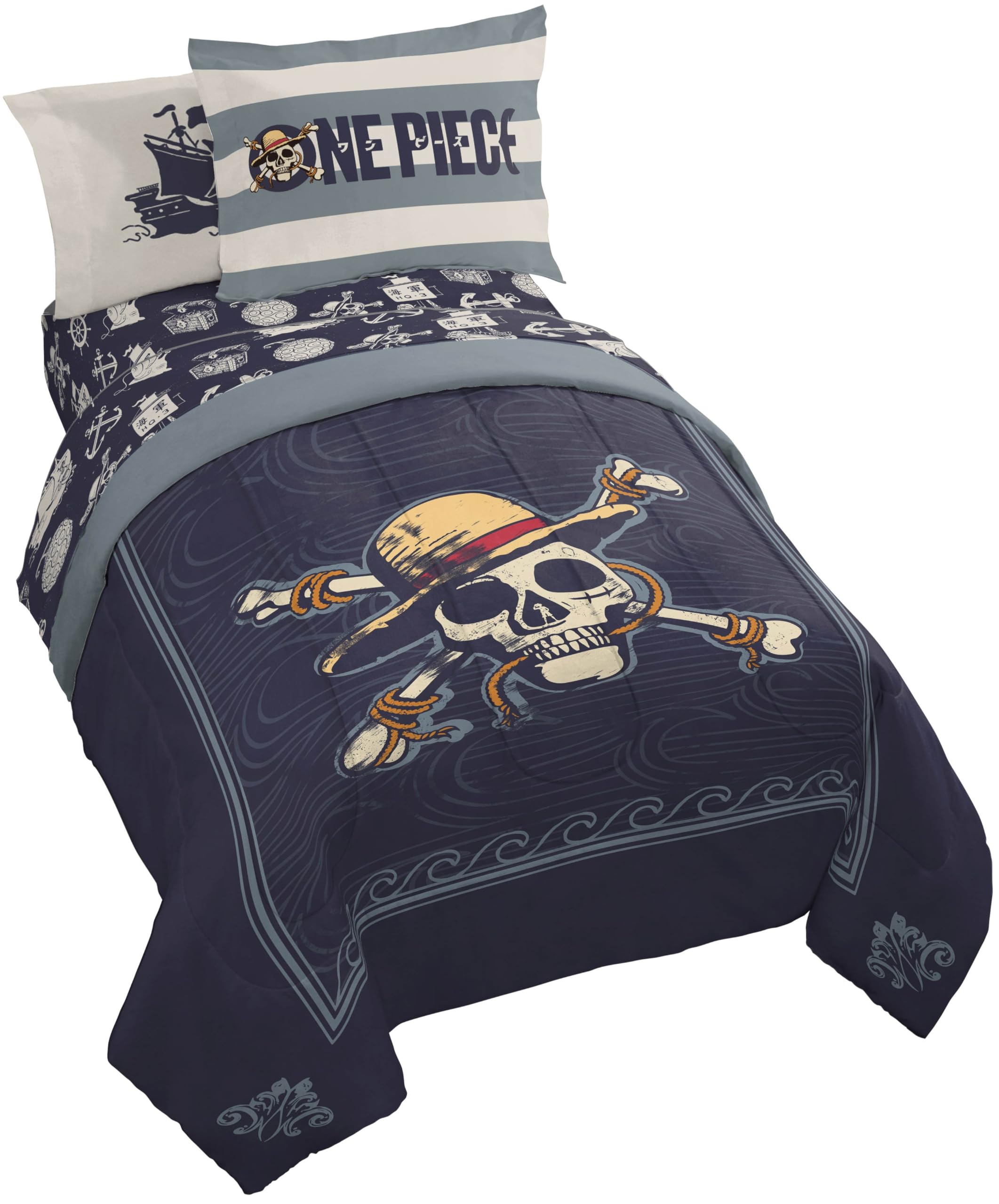 Jay Franco front view of One Piece comforter showing Luffy and bright colors for playful decor