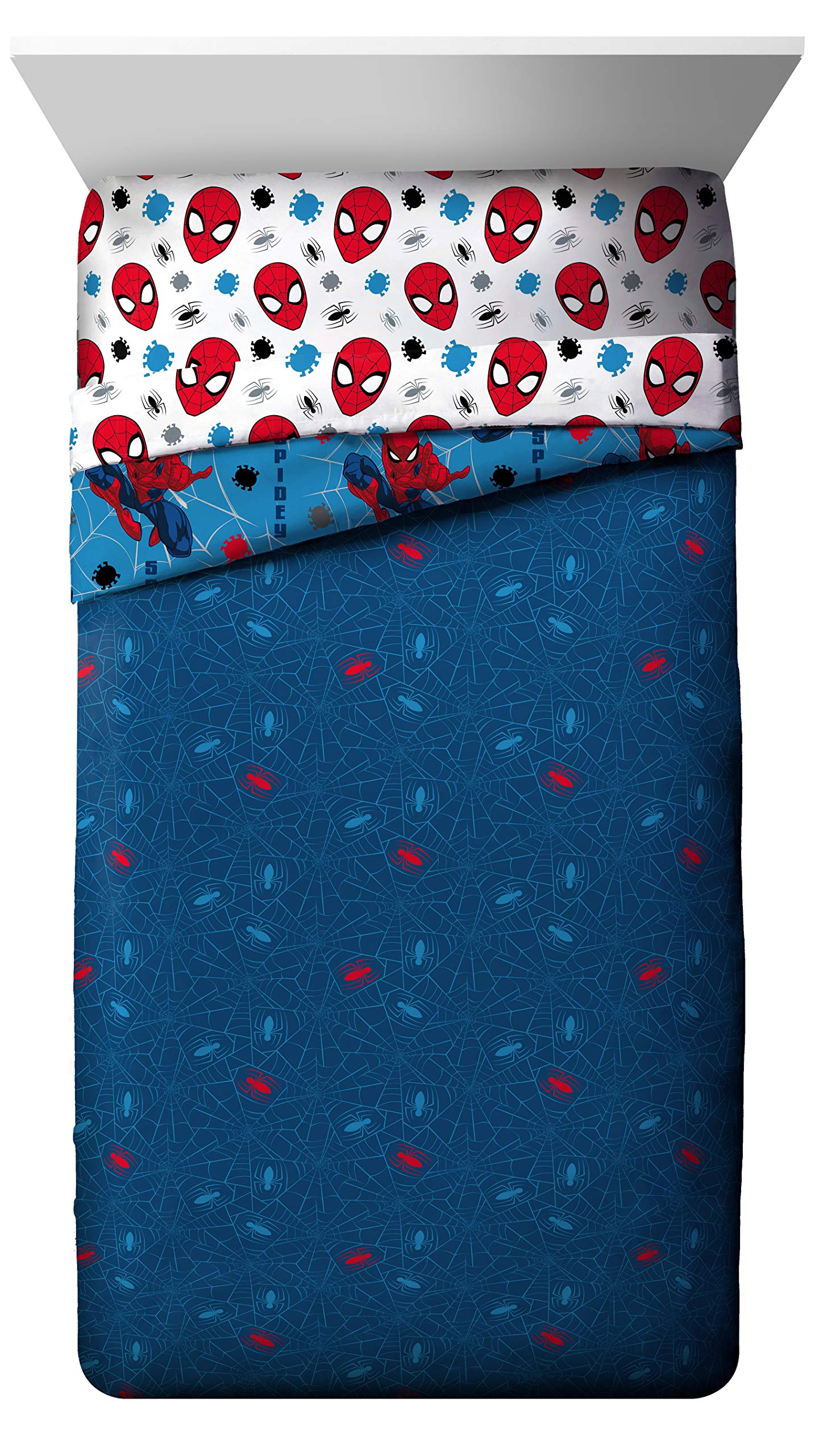 Jay Franco Spider-Man folded sheet set showing organized storage and easy care