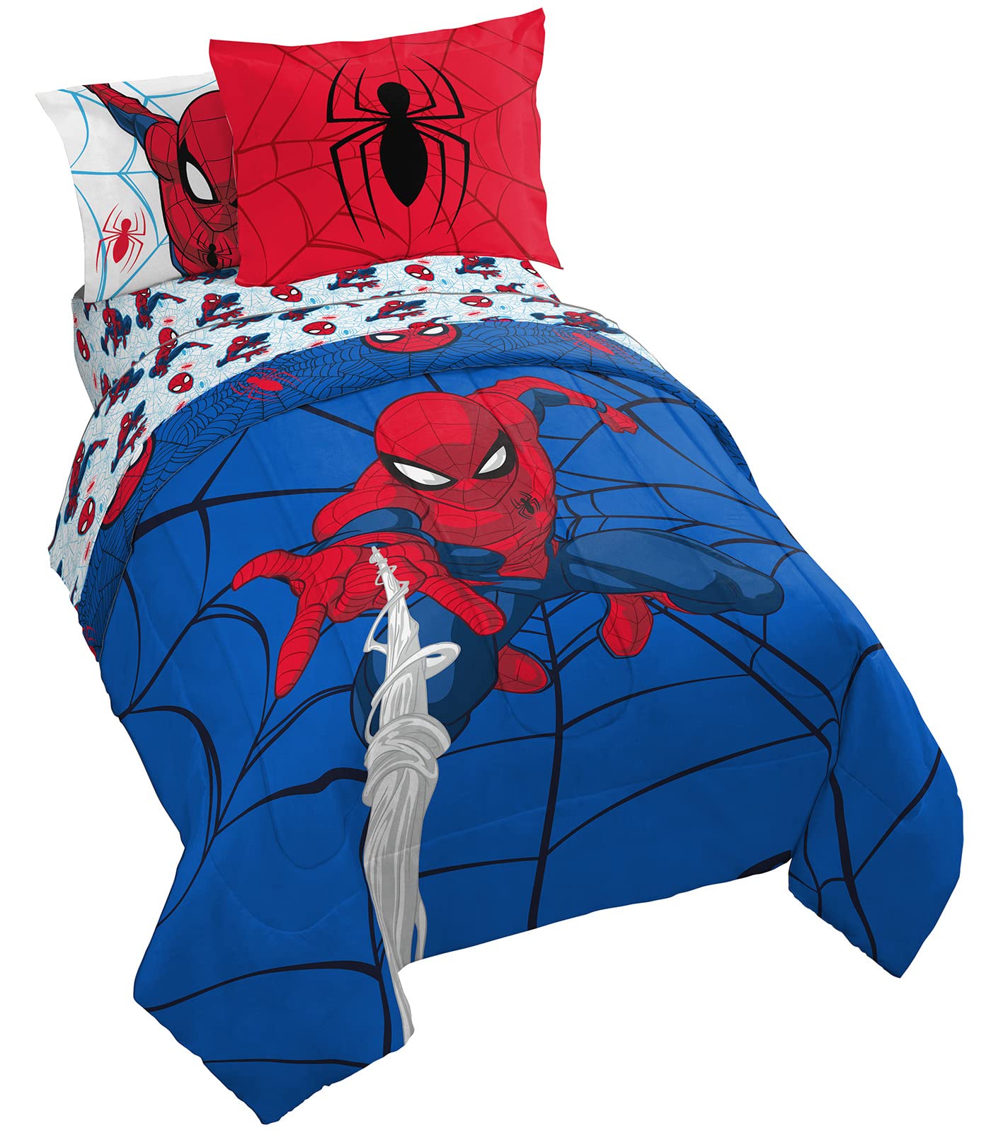 Jay Franco Spider-Man comforter front view showing bold blue design and easy styling
