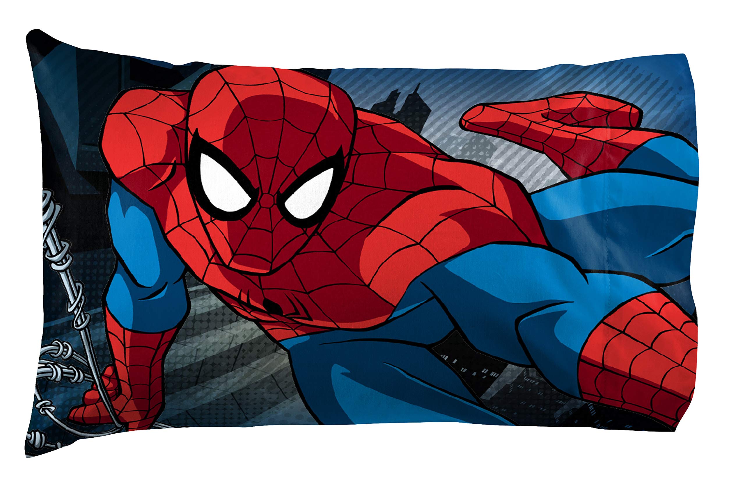 Jay Franco flat sheet spread on bed displaying Spiderman design and full coverage benefit