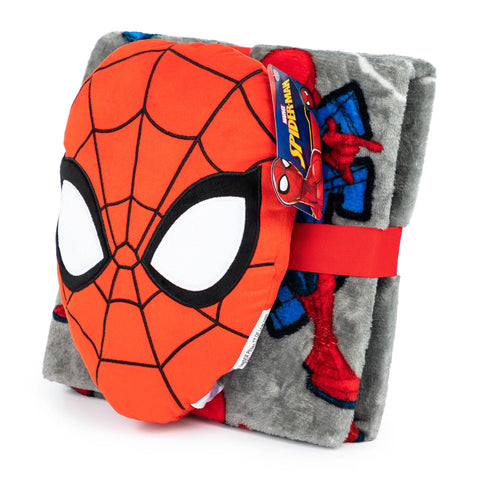 Jay Franco Spiderman throw and pillow used in a car for comfortable travel naps