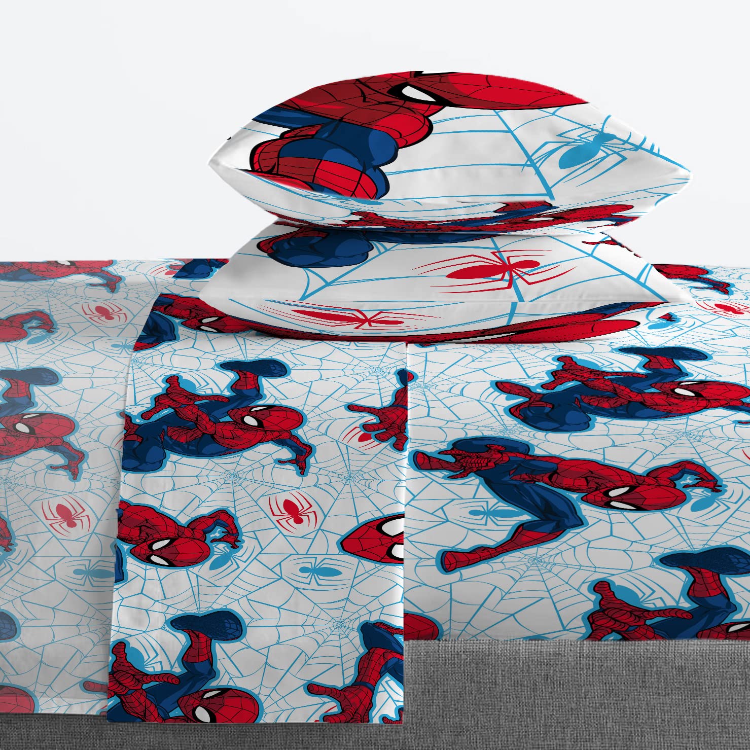 Jay Franco Spider-Man pillow shams closeup showing matching graphics and stitching