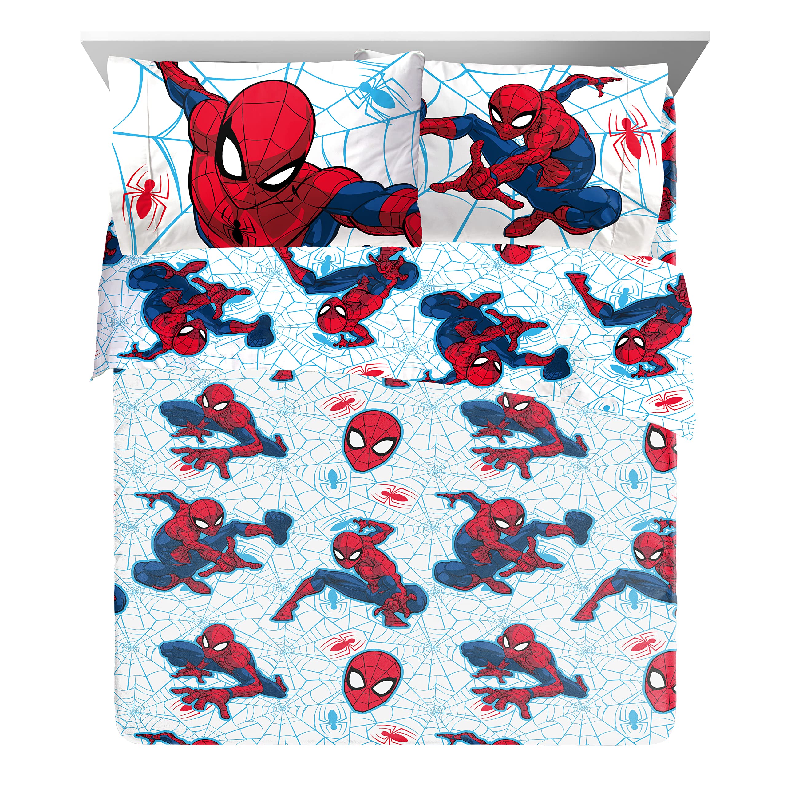 Jay Franco Spider-Man folded sheet set showing coordinated colors and smooth texture