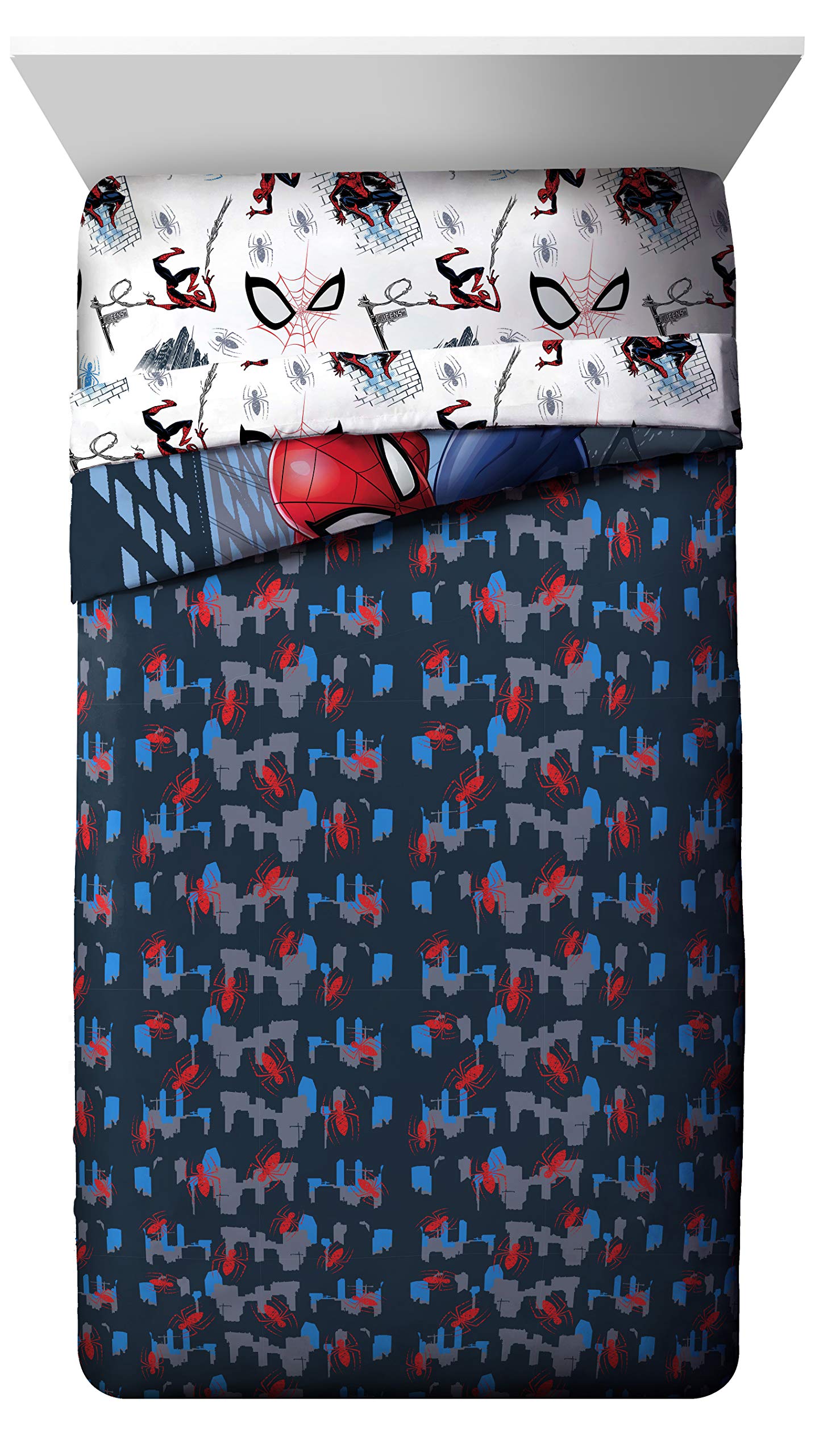 Jay Franco Spiderman sheet set laid flat demonstrating full-size fit and graphic theme