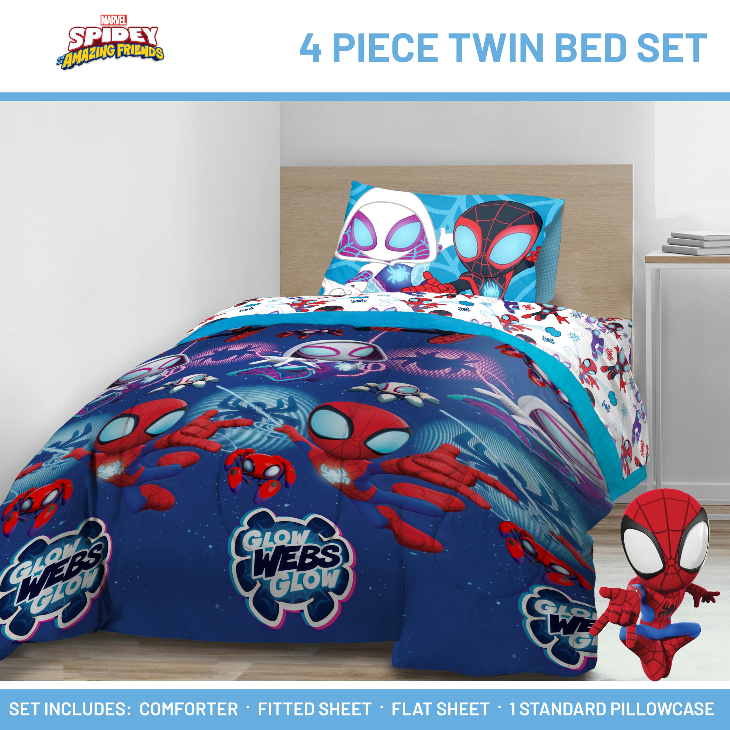 Jay Franco flat-lay of fitted and flat sheets displaying coordinated designs and easy setup