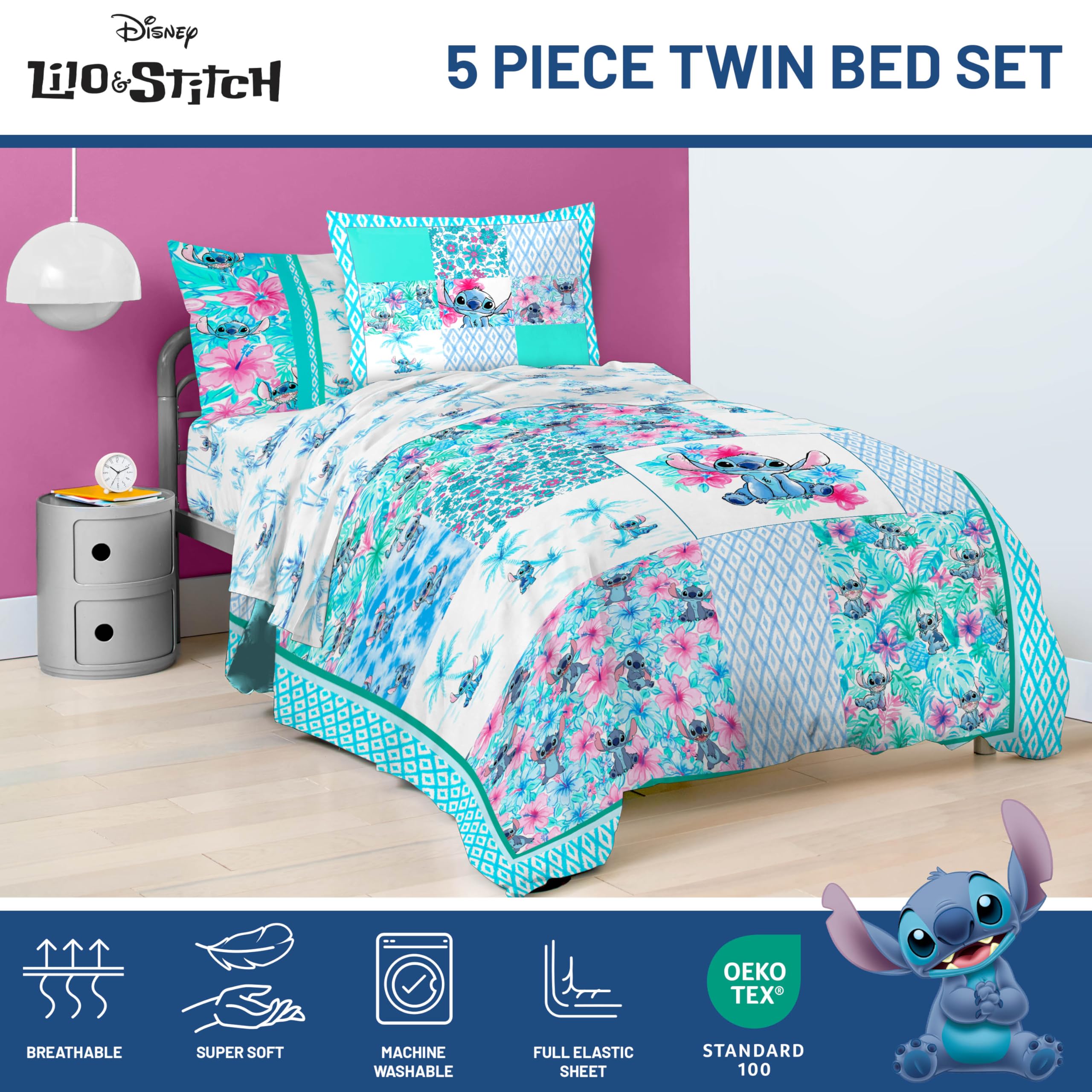 Jay Franco bed in room lifestyle with Stitch design boosting playful decor