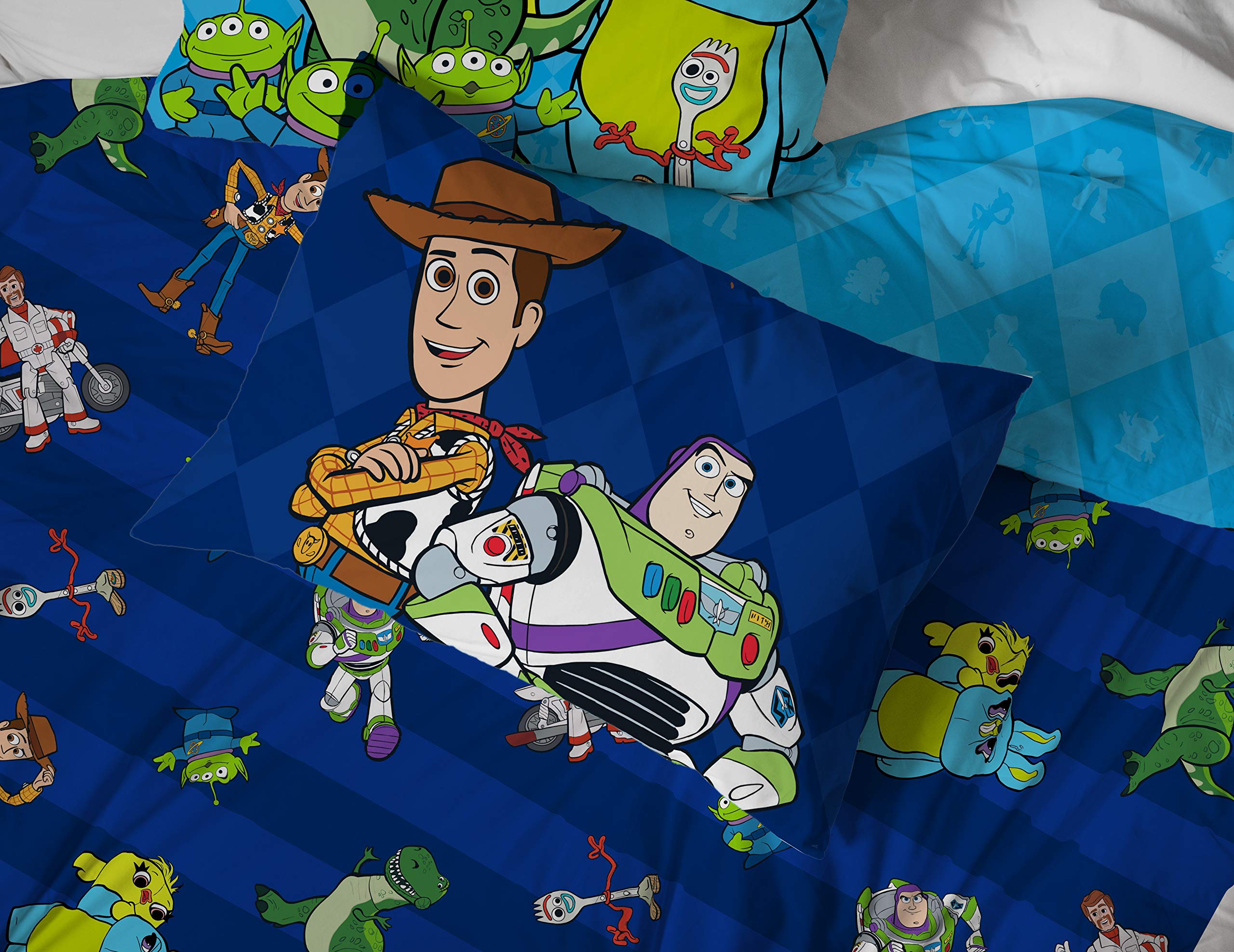 Jay Franco Toy Story bedroom styled scene showing made bed for instant kid-friendly room transformation