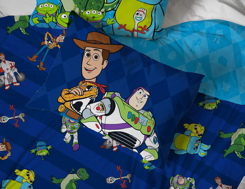 Jay Franco Toy Story bedroom styled scene showing made bed for instant kid-friendly room transformation