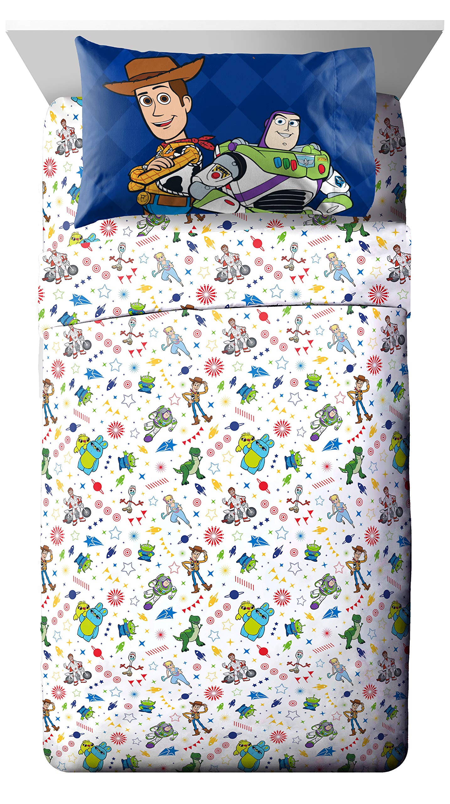 Jay Franco Toy Story front view of full sheet set showing characters and bright design benefit fun bedroom style
