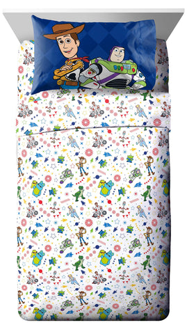Jay Franco Toy Story front view of full sheet set showing characters and bright design benefit fun bedroom style