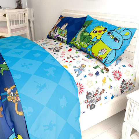 Jay Franco Toy Story full mattress size comparison showing fitted sheet on mattress for accurate fit reassurance