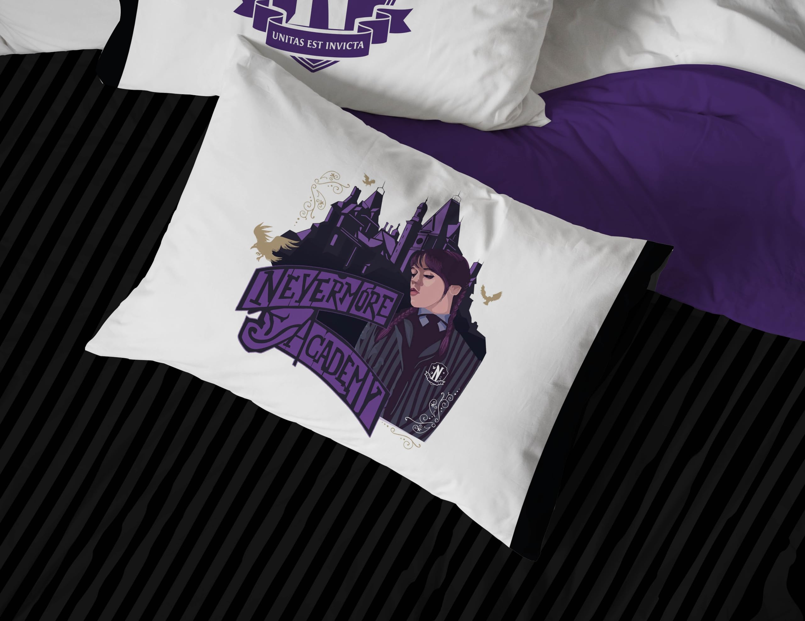 Jay Franco styled bedroom with comforter set creating a gothic, themed room atmosphere benefit