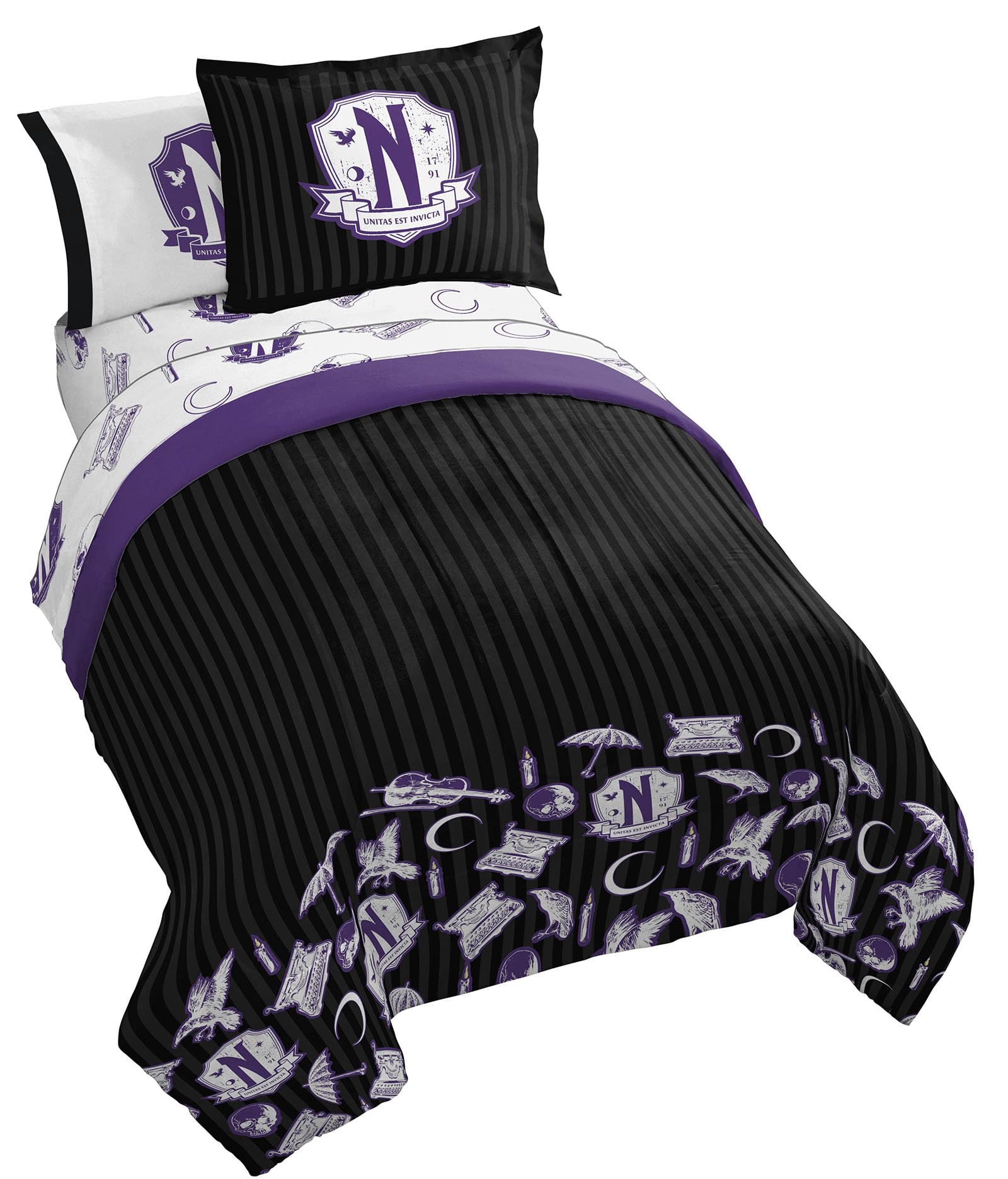 Jay Franco comforter front view showing Wednesday design and dramatic bedroom style benefit