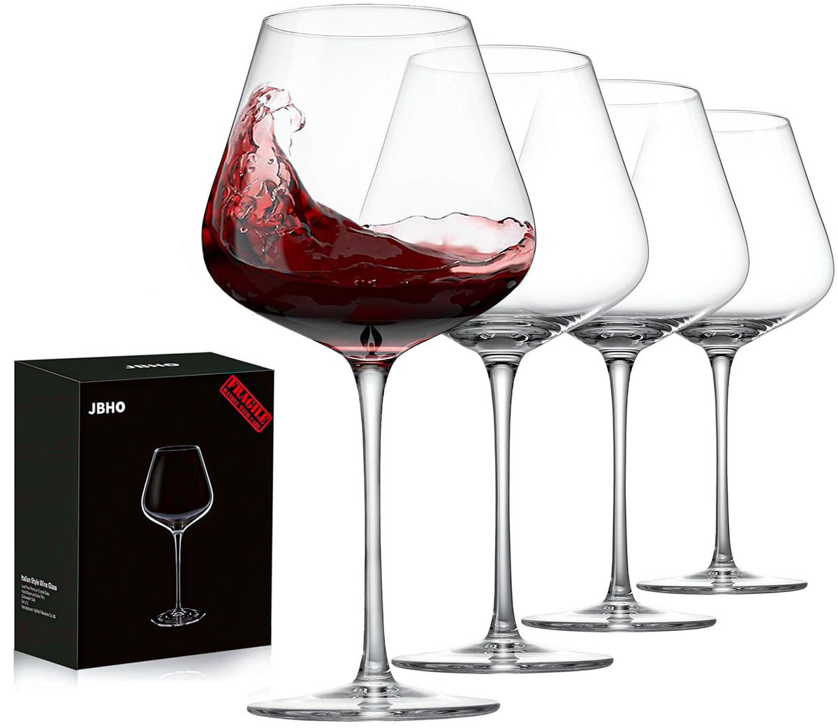 JBHO front packaging showing four glasses and gift box for elegant presentation
