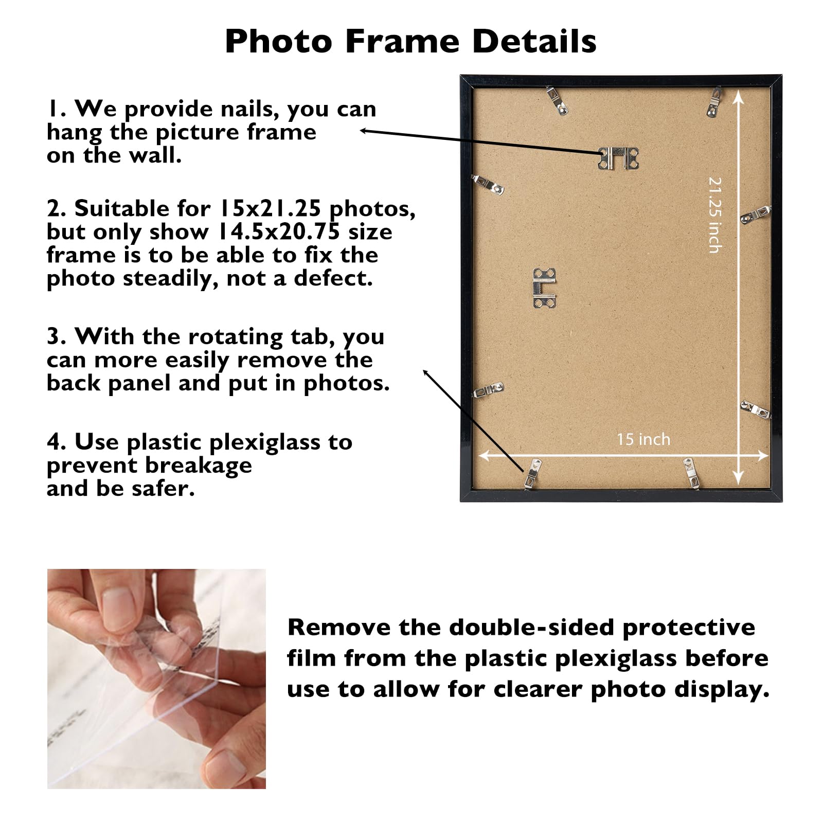 JCJMY back of frame showing rotating tabs and dual hanging hooks for easy install