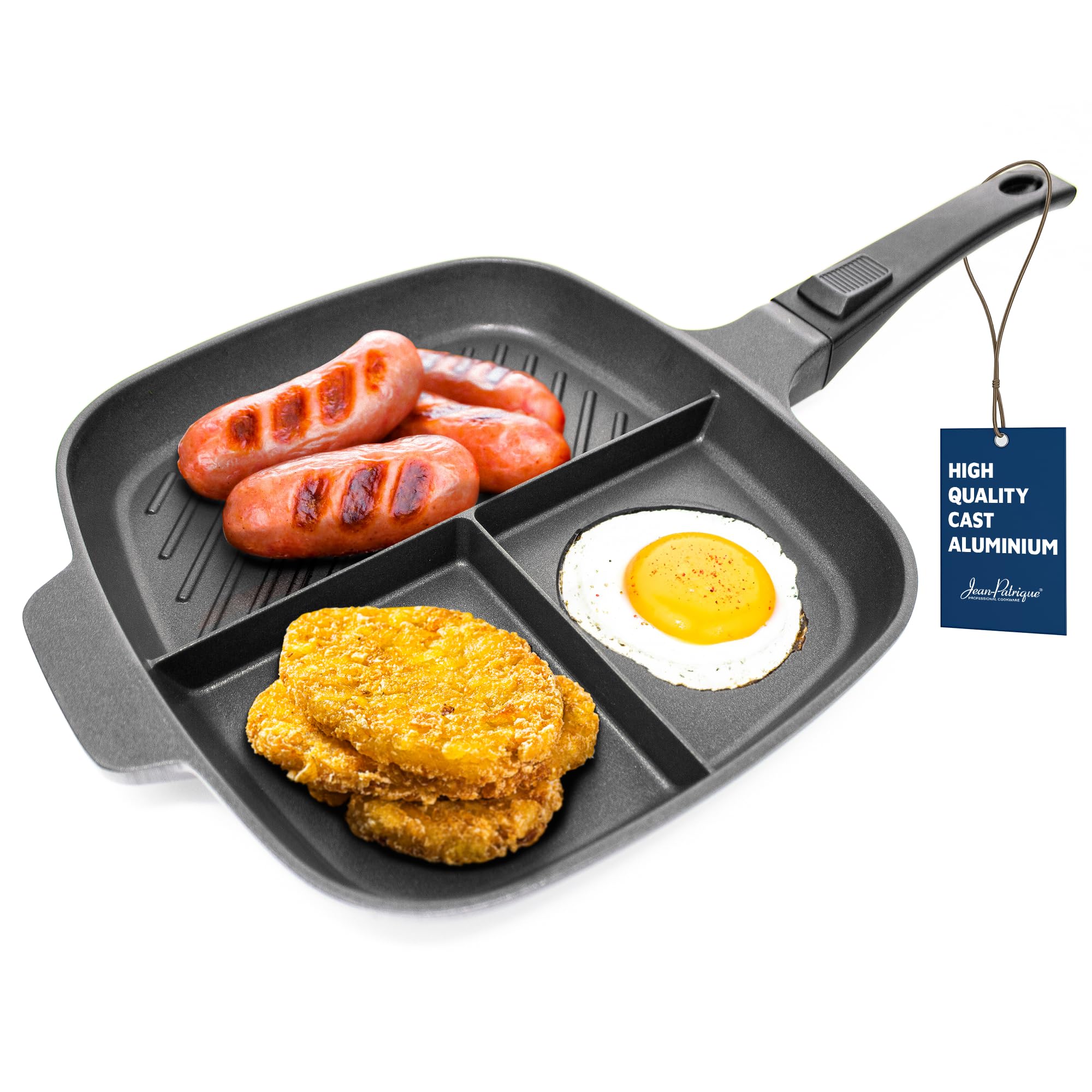 Jean-Patrique Lazy Pan front view showing three cooking zones and versatility
