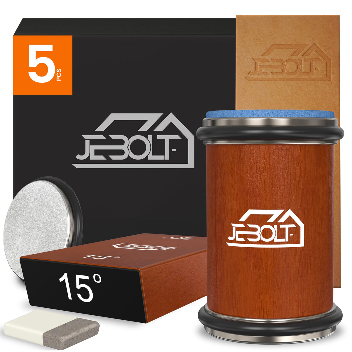JEBOLT front packaging on acacia wood base showing complete kit benefits