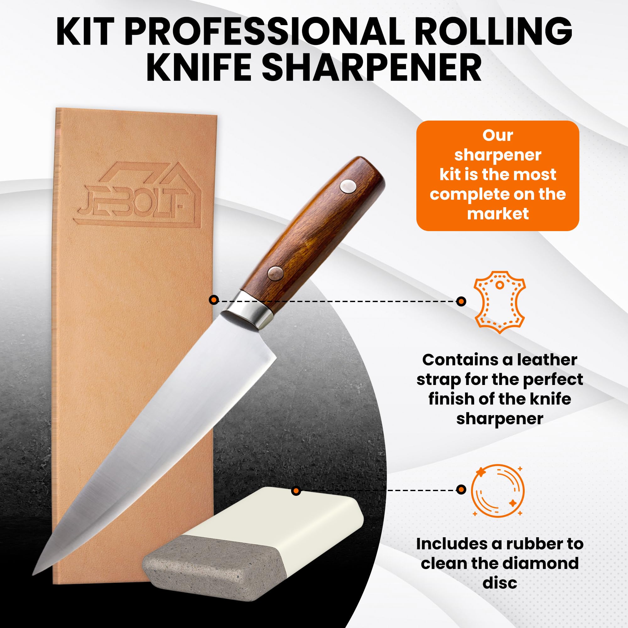JEBOLT leather strop and diamond cleaner tools for polished, burr-free edges