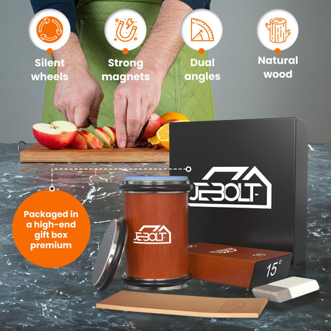 JEBOLT knife on base showing scale and stability for safe sharpening