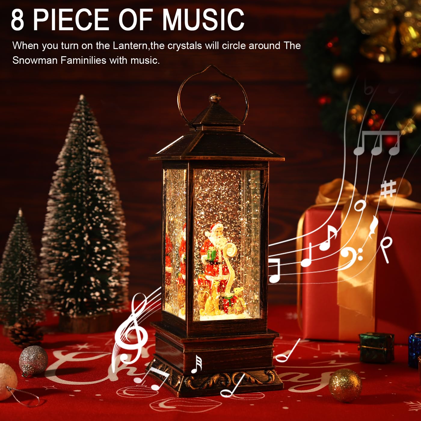JEDAWN close-up of swirling silver glitter and detailed Santa figure benefits ambiance