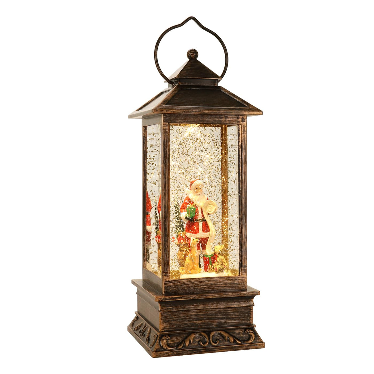 JEDAWN front view of snow globe lantern showing scene and festive appeal