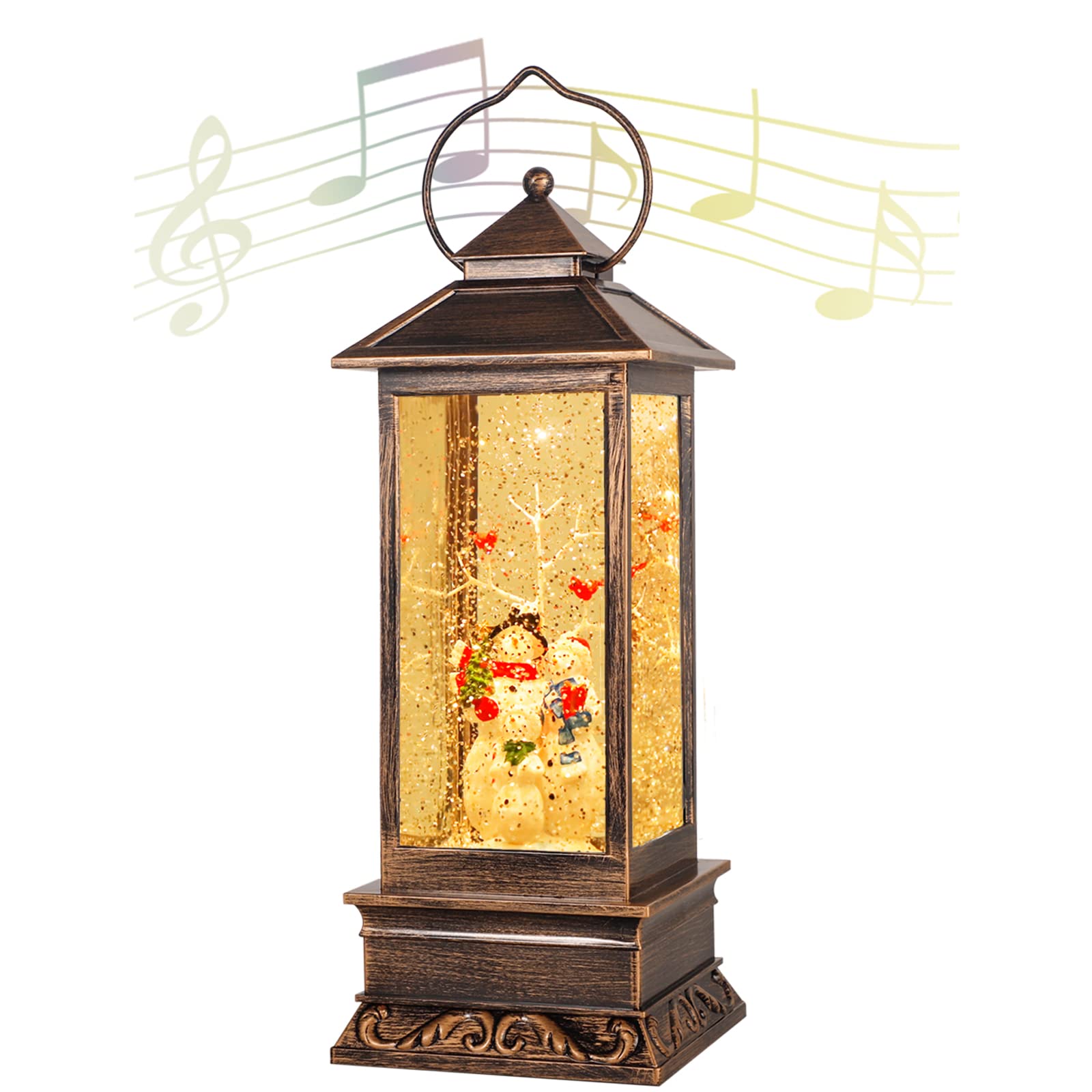 JEDAWN lantern front view showing holiday scene and warm LED glow benefit: festive centerpiece