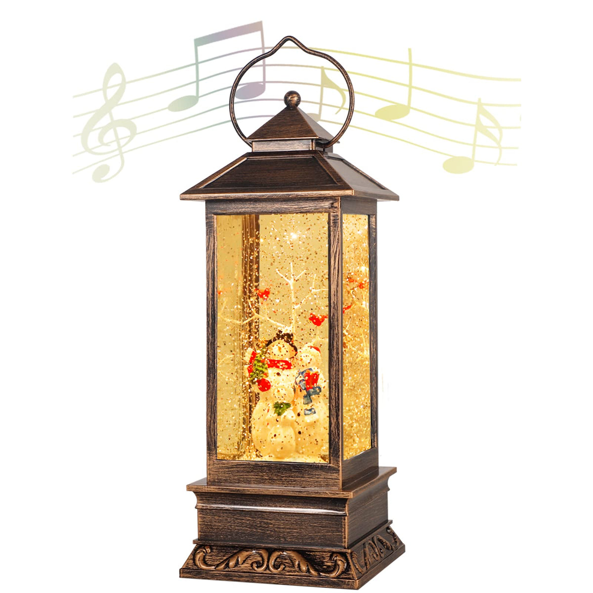 JEDAWN lantern front view showing holiday scene and warm LED glow benefit: festive centerpiece