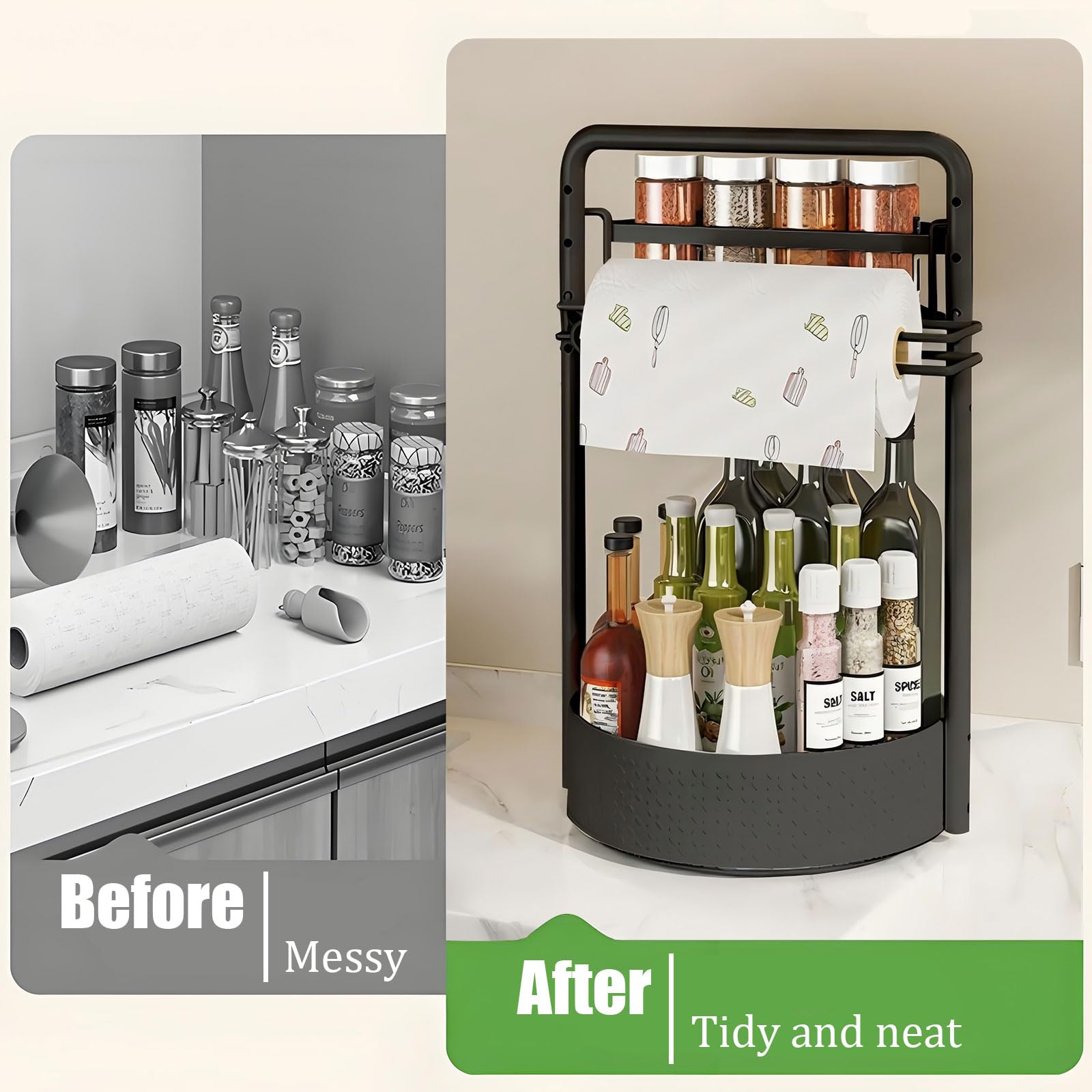 JEESA holding bottles of different sizes showing versatility benefit: fits tall and short containers