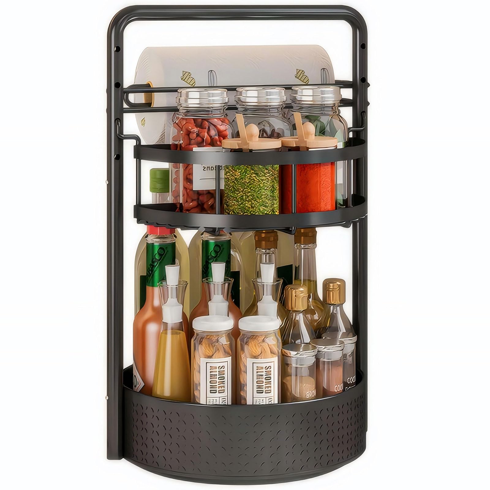 JEESA rotating spice rack front view showing organized bottles and paper towel benefit: saves counter space