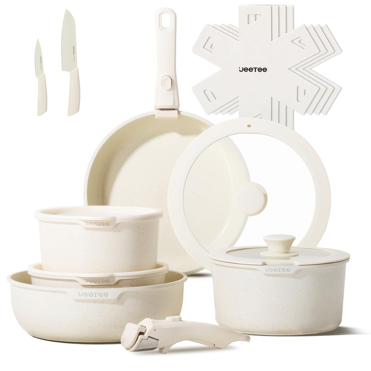 JEETEE front view of full 17-piece beige cookware set, shows complete components