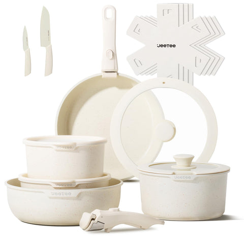 JEETEE front view of full 17-piece beige cookware set, shows complete components