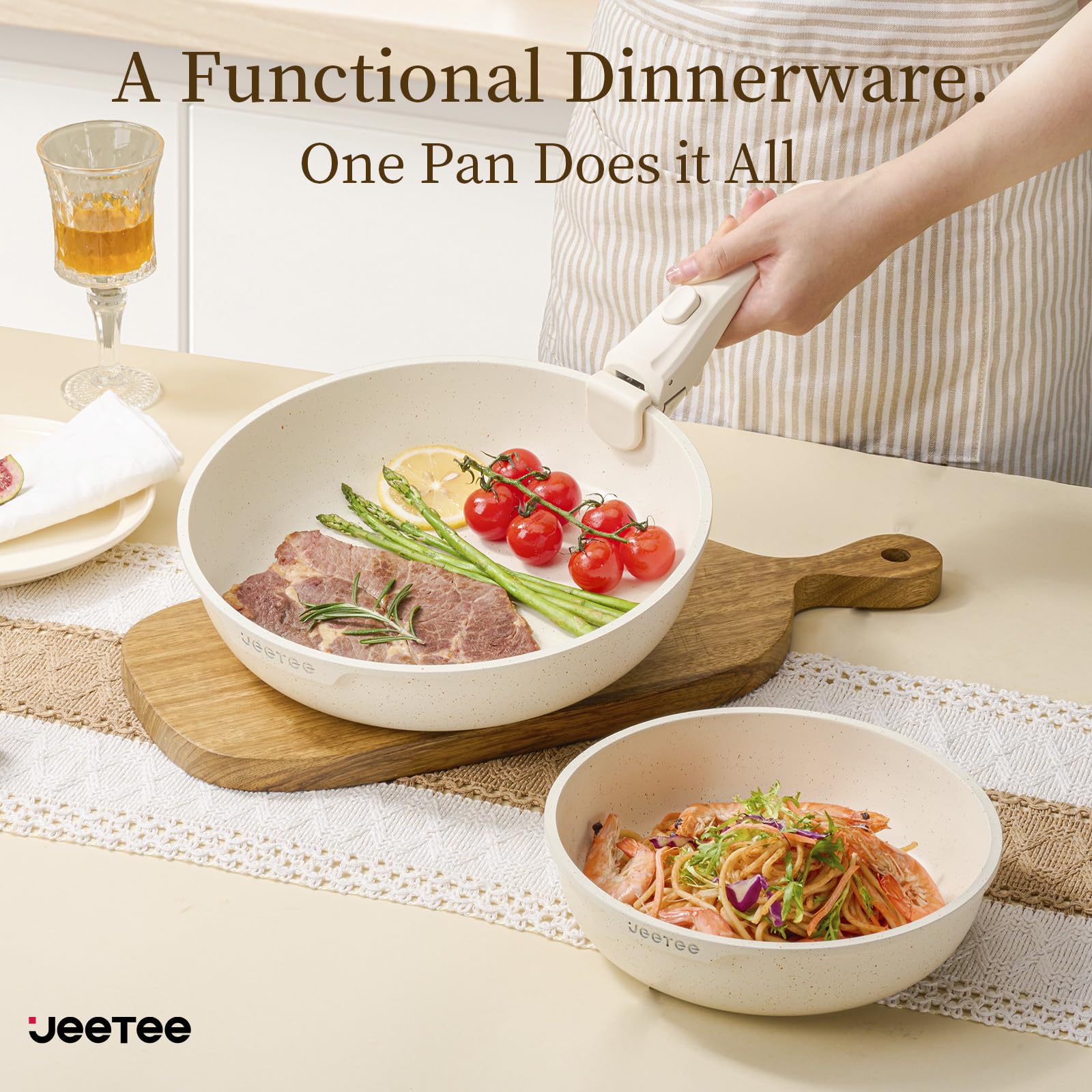 JEETEE pans alongside common items showing scale, helps choose right size