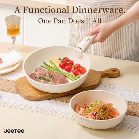JEETEE pans alongside common items showing scale, helps choose right size