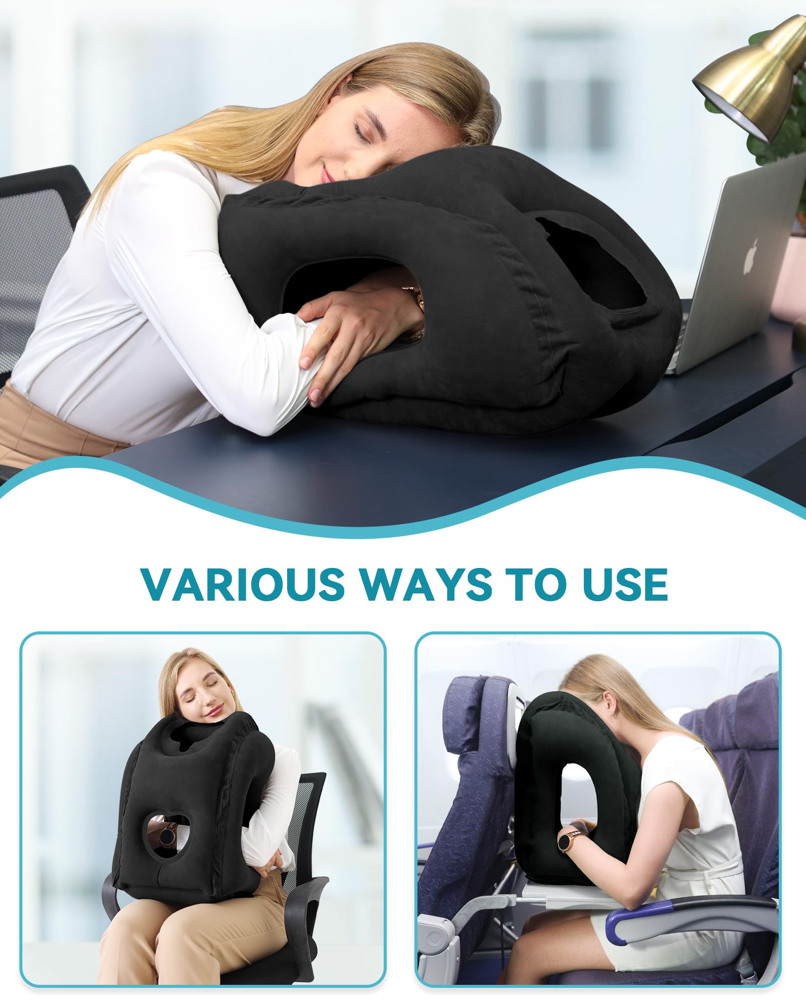 JefDiee inflated on airplane tray table demonstrating secure head support
