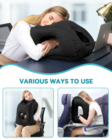 JefDiee inflated on airplane tray table demonstrating secure head support