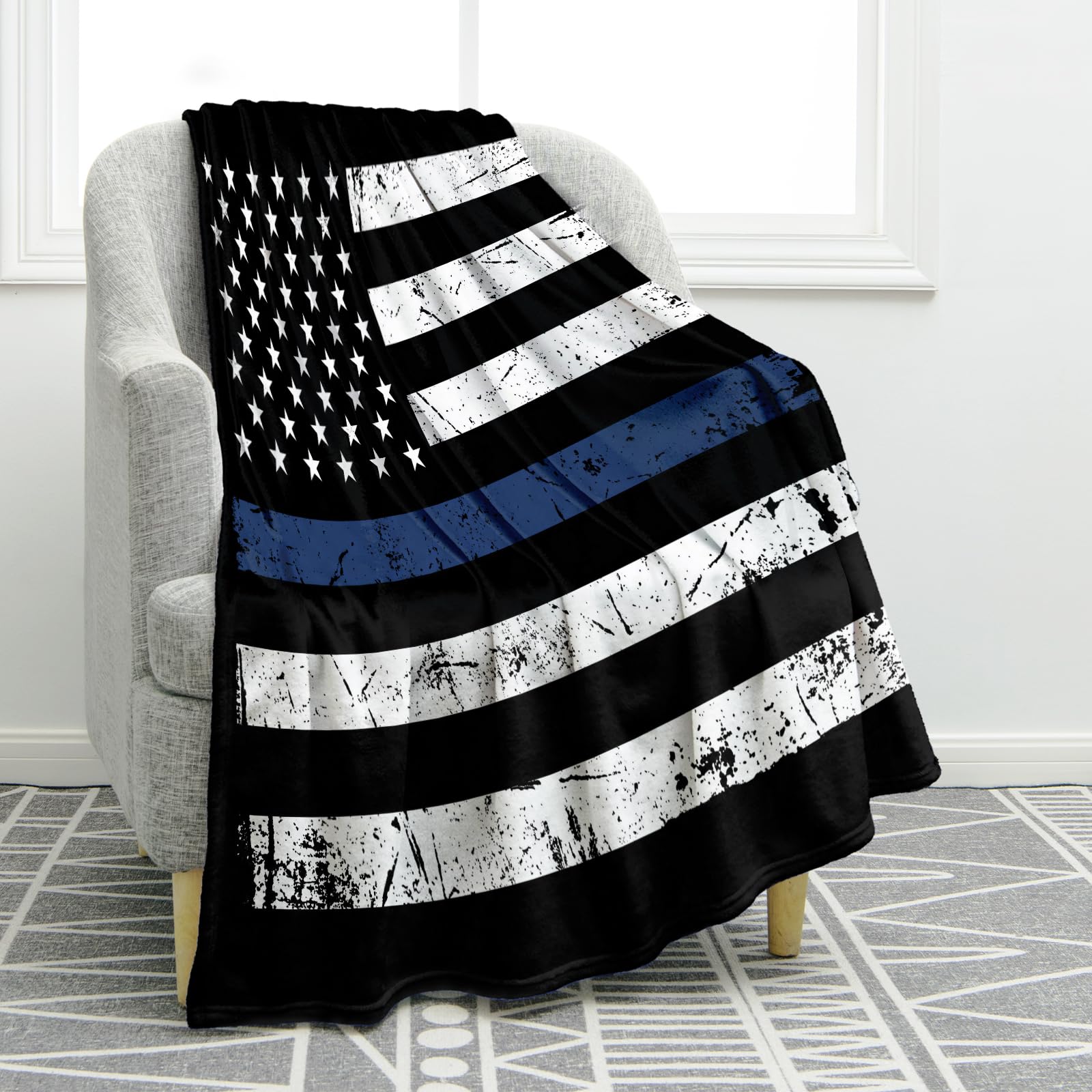 Jekeno front view of Thin Blue Line blanket showing flag design and clear support