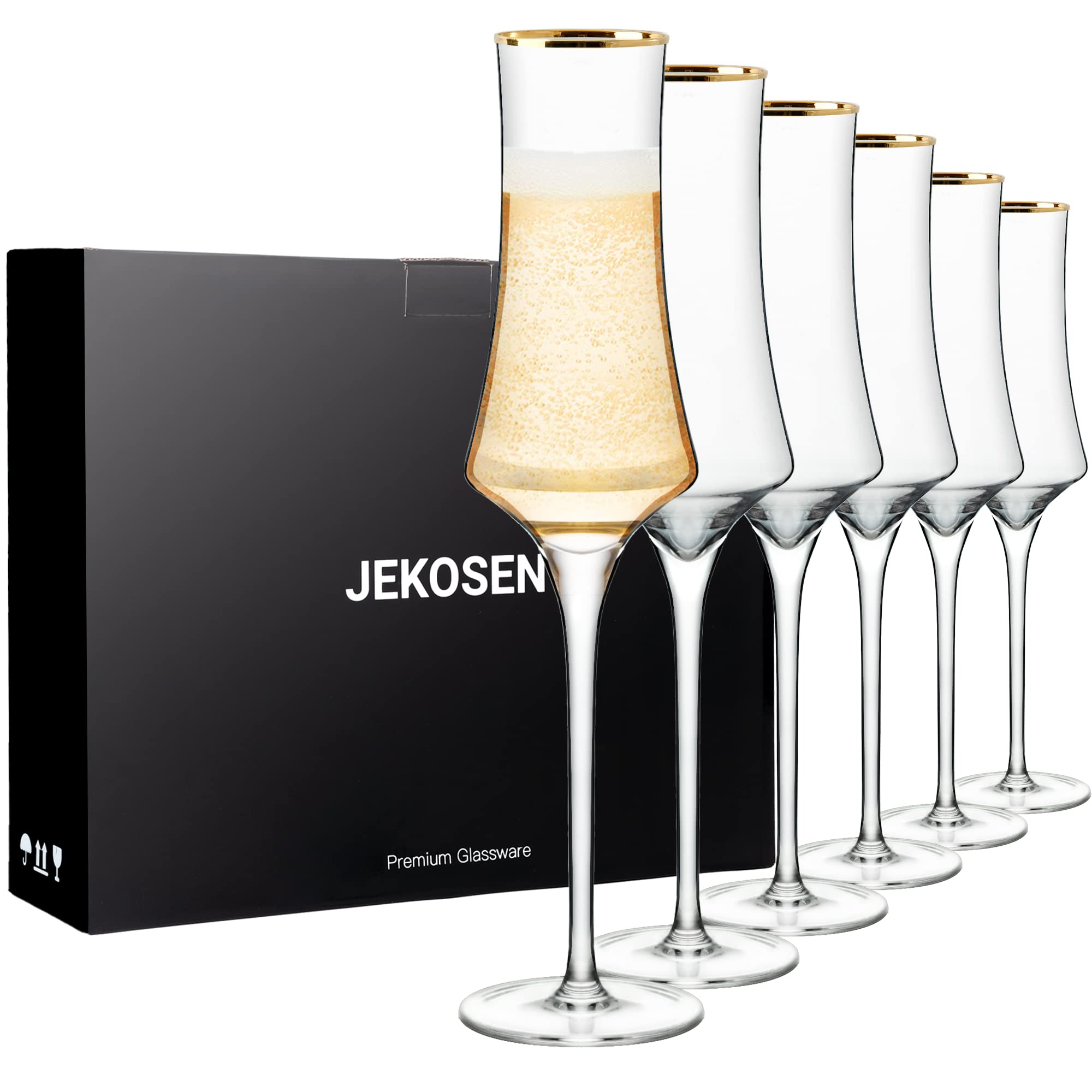 JEKOSEN front packaging showing six crystal champagne flutes, elegant gift presentation