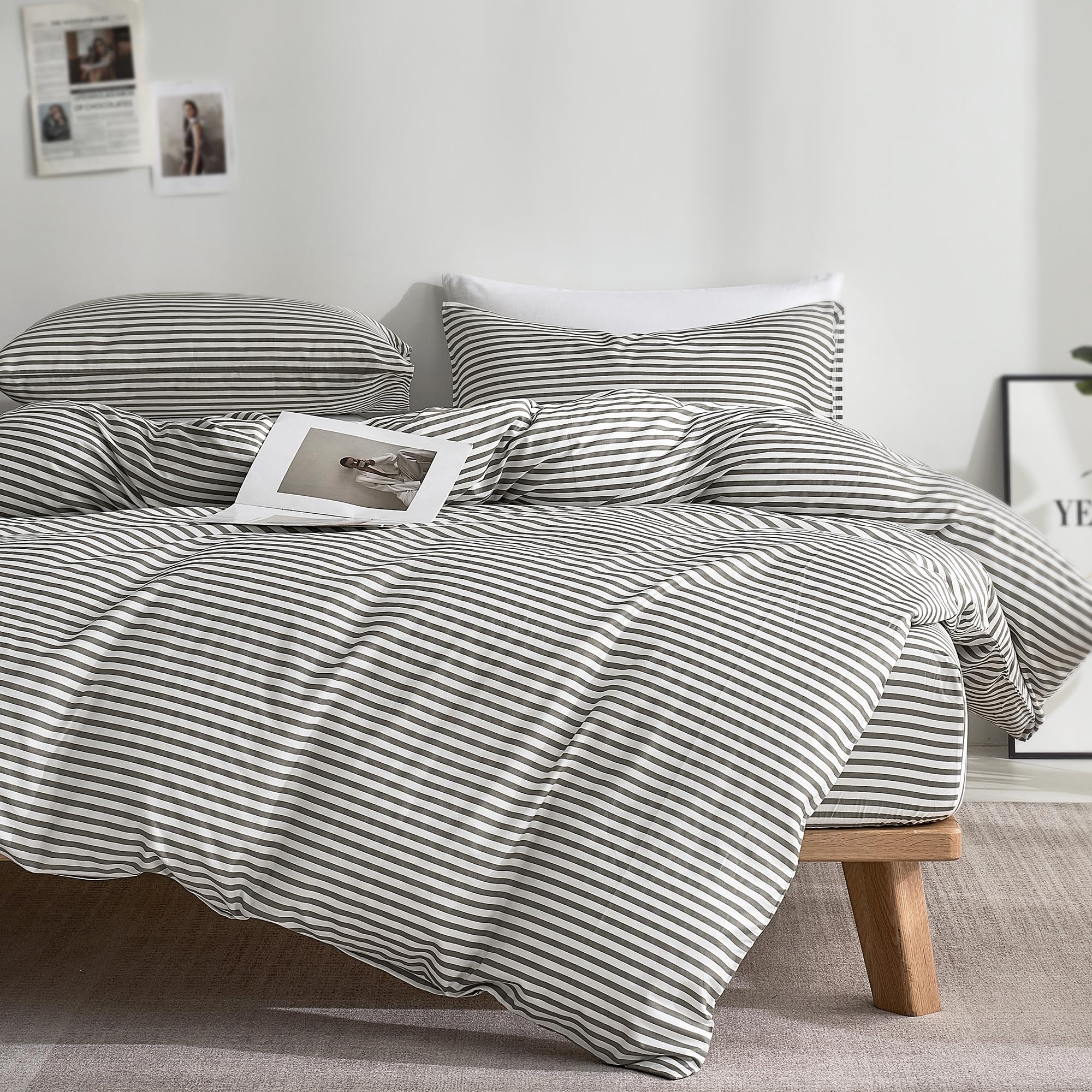 JELLYMONI grey striped duvet cover front view showing clean modern look and comfort