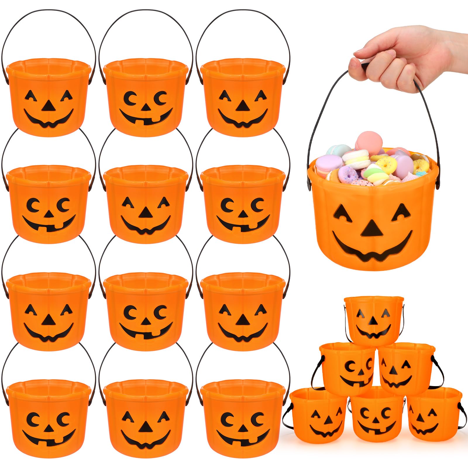 Jenaai front view of 12 orange pumpkin buckets showing festive faces and capacity