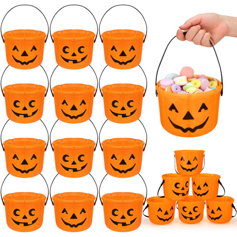 Jenaai front view of 12 orange pumpkin buckets showing festive faces and capacity