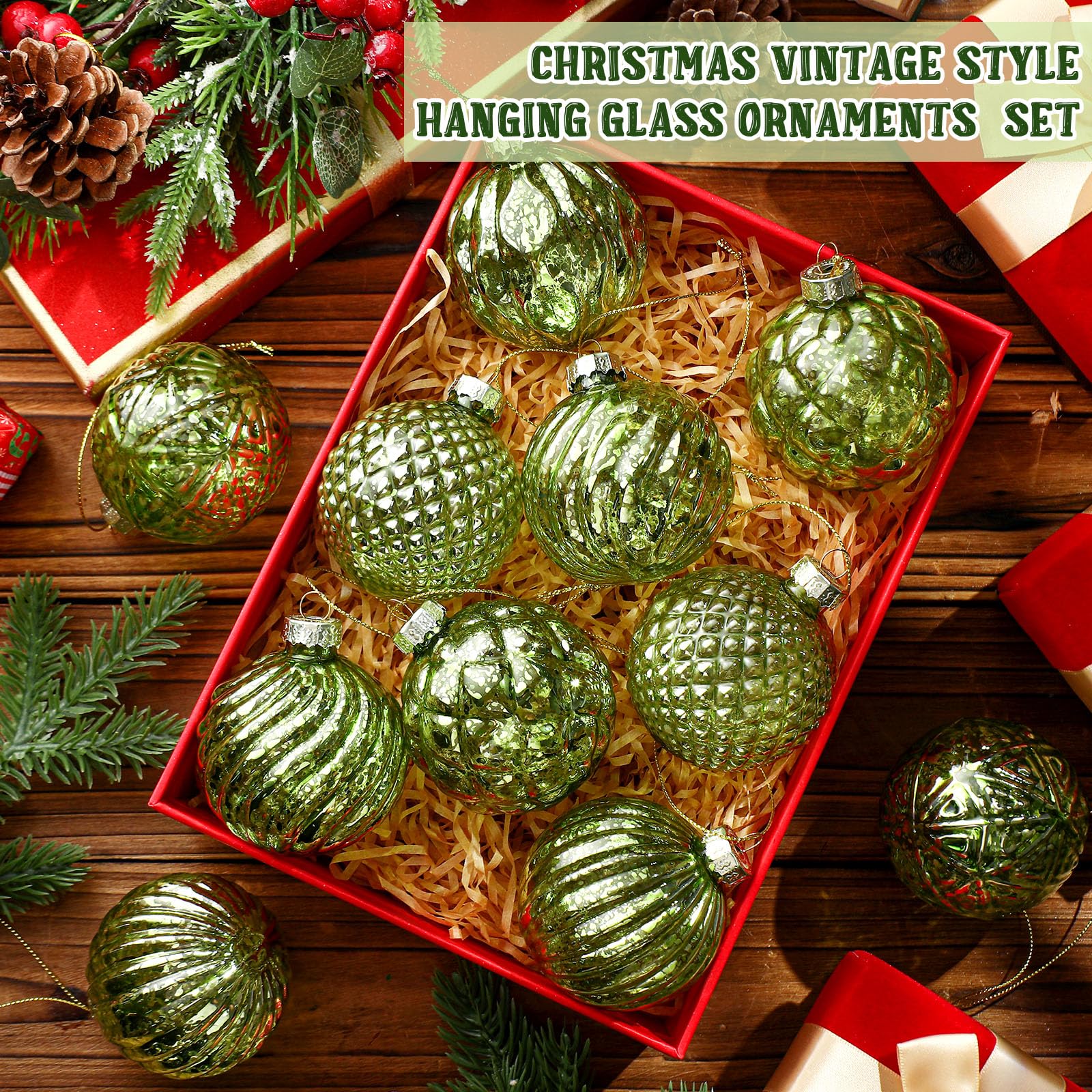 Jenaai ornaments on tree showcasing lime color and reflective sparkle benefit