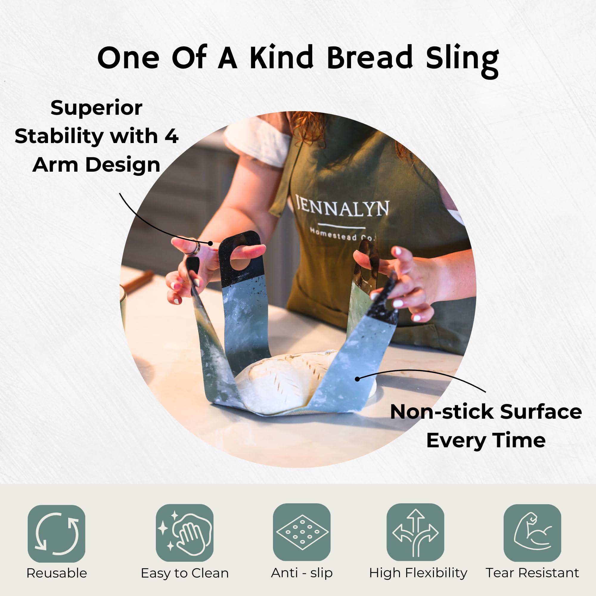 Jennalyn Homestead Co sling used to flip dough into Dutch oven for safe transfer