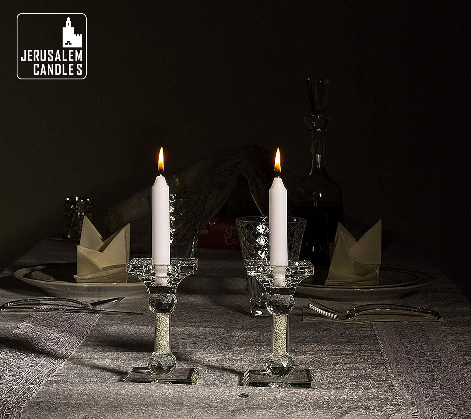 Jerusalem Candles lit in candlestick setup providing steady glow without drip