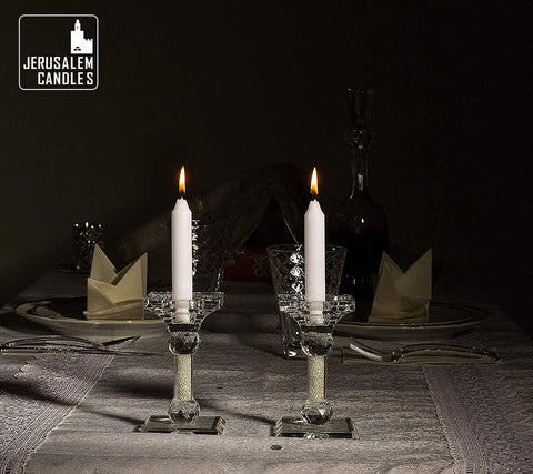 Jerusalem Candles lit in candlestick setup providing steady glow without drip