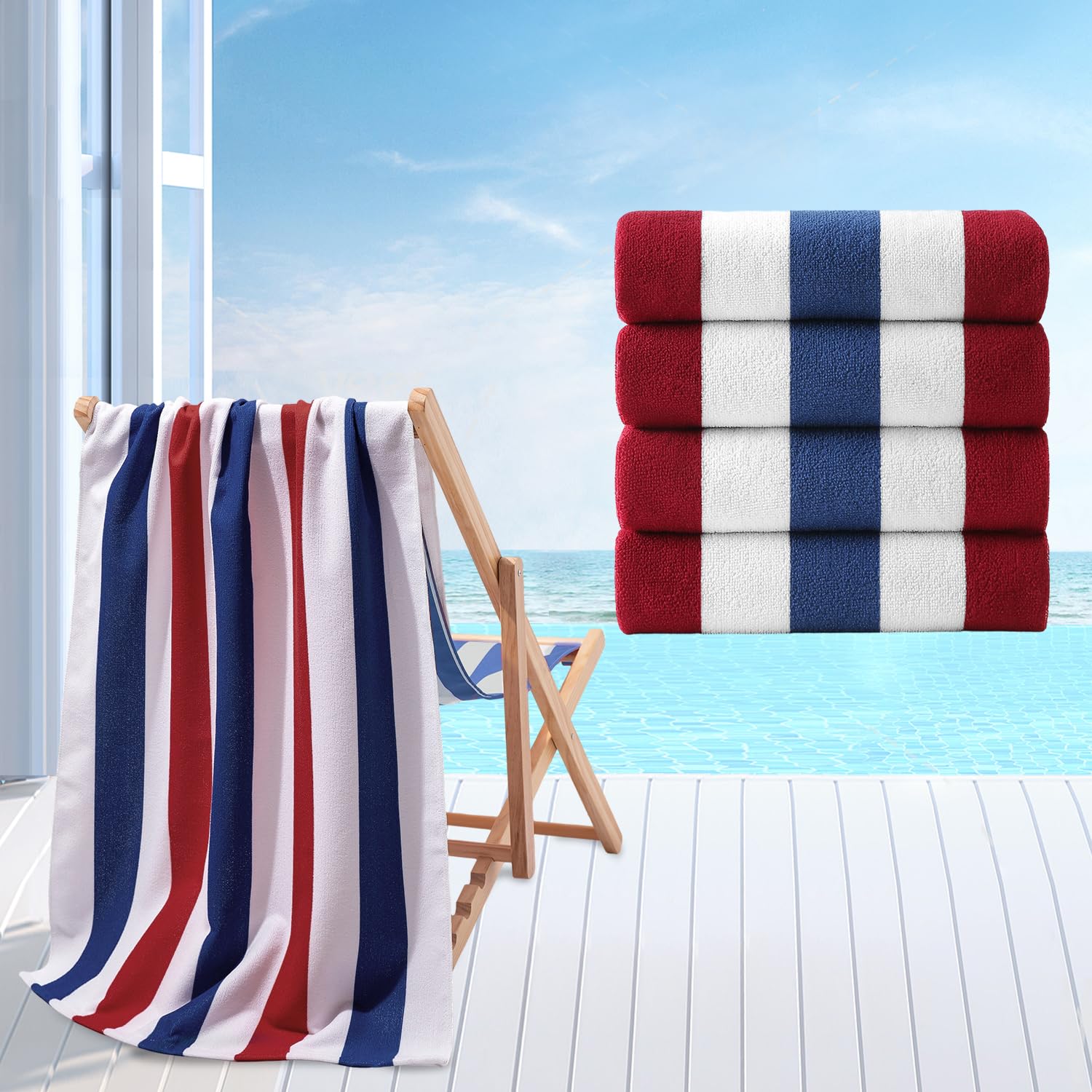 Jessy Home front view of four striped towels showing colors and packaging benefit: easy selection