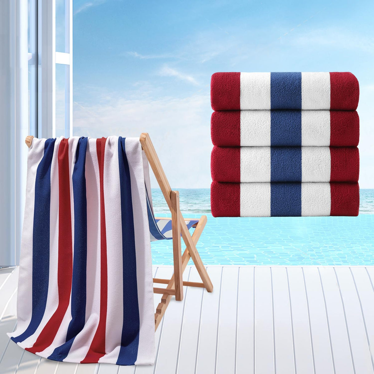Jessy Home front view of four striped towels showing colors and packaging benefit: easy selection