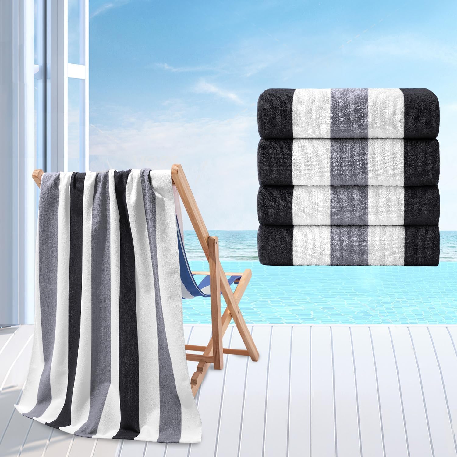 Jessy Home front view of four grey-black striped towels showing compact pack benefit