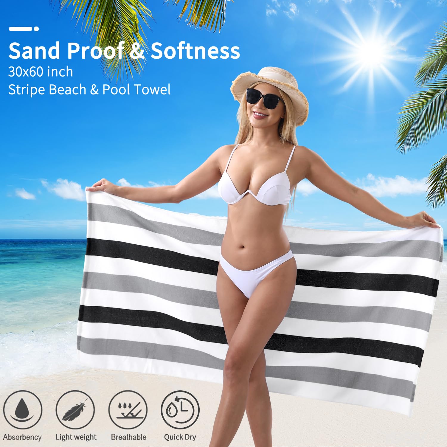 Jessy Home towel spread on sand demonstrating sand-resistant quick clean benefit