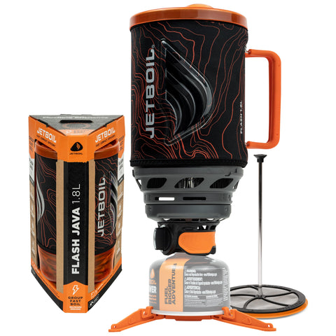 Jetboil Flash Java front view showing pot and orange cozy for fast boiling