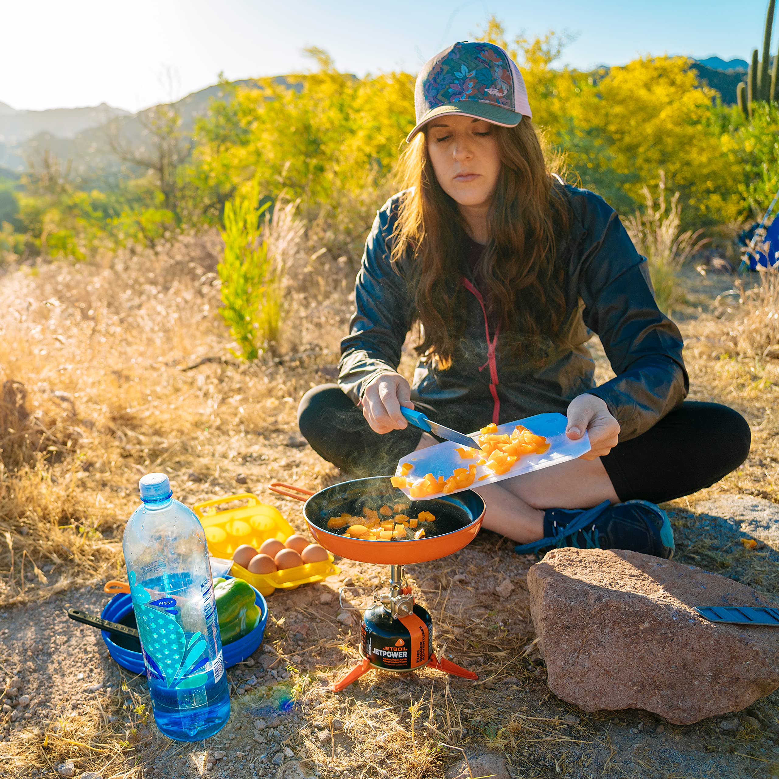 Jetboil Summit Skillet on camp table with breakfast to show outdoor meal enjoyment
